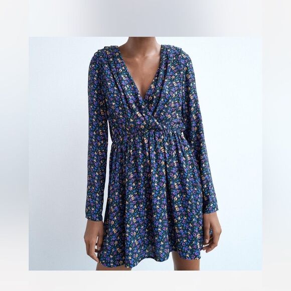 New Zara Floral Long Sleeve Dress Size Medium Color Blue - Picture 1 of 6